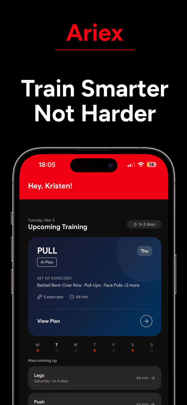 Ariex.fit home screen with upcoming training plan