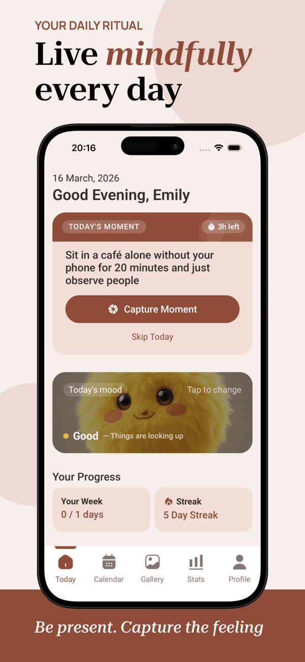 Mira Today screen with a daily moment prompt, mood check-in, and streak
