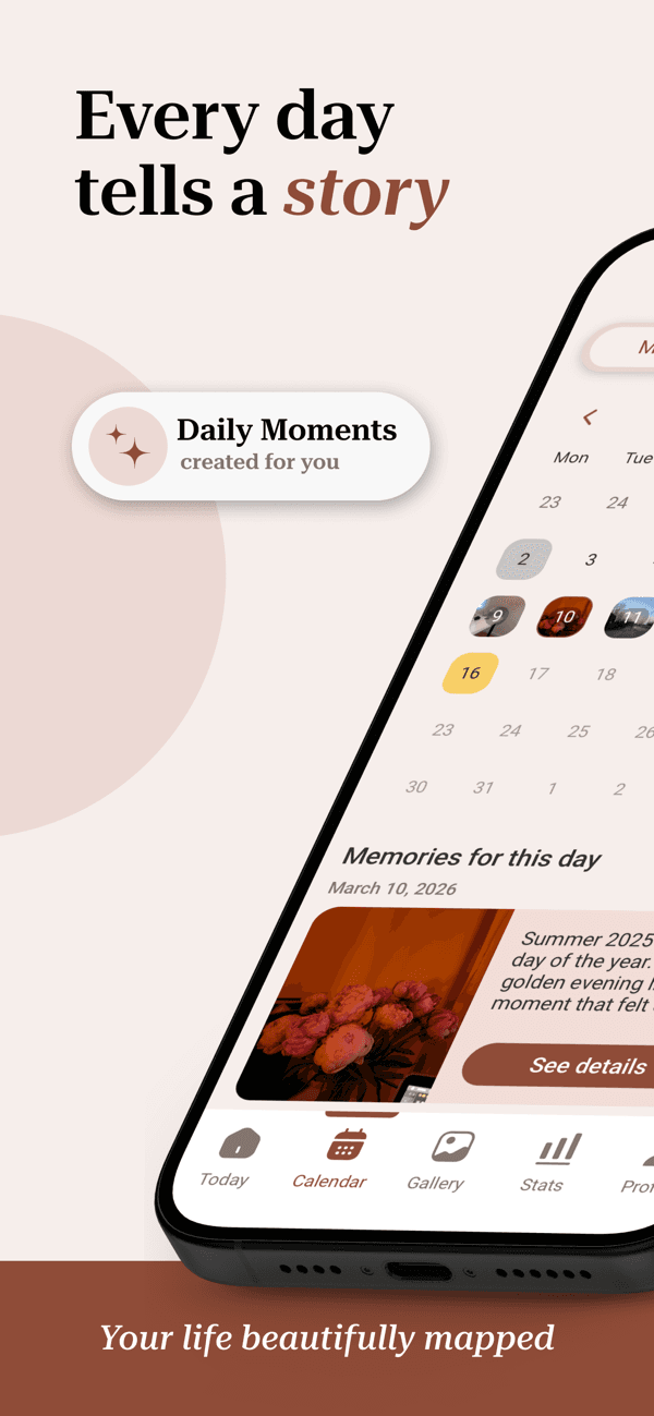 Mira calendar screen with daily moments mapped across the month